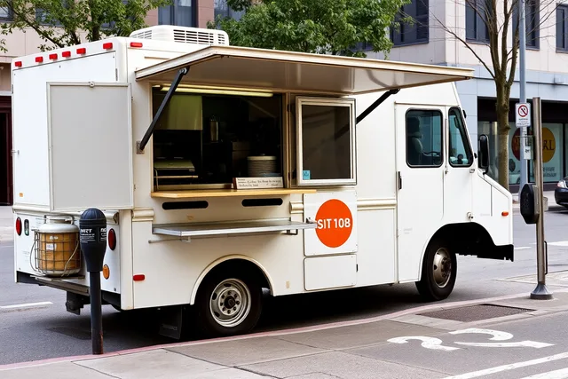 Food truck parked at a metered curbside vending spot with service window open. Staying compliant as a food truck business: licences, permits and inspections