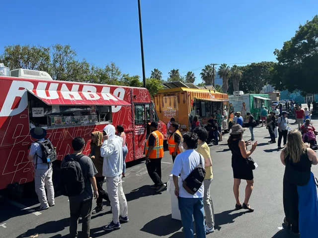 Food trucks BunBao, The Waffle Roost, Oaxacan Kitchen, and PopNation (out of view) at the Caltrain Electric Train Tour in San Jose, California, on July 29, 2023. How to track your food truck permit renewal deadline