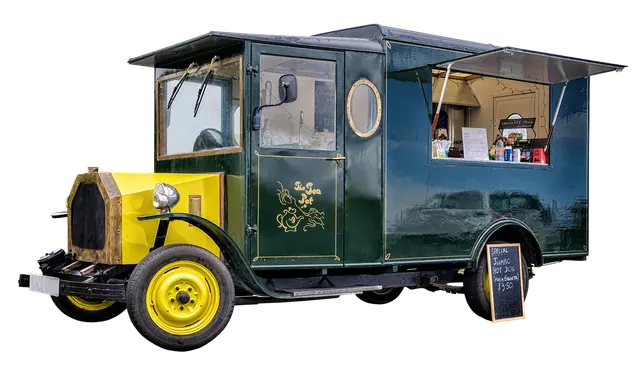 antique car, classic, automobile, vehicles, old, snack, hot dog, kiosk, foot truck, truck, food, meal, hunger, coffee, green, old vehicle, transporter, vintage car automobile, stre