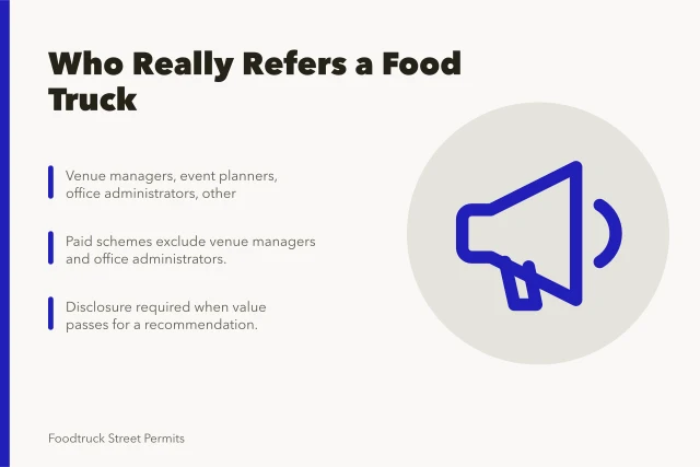 Card listing four food truck referrer groups and disclosure rule. How to be the food truck business people recommend