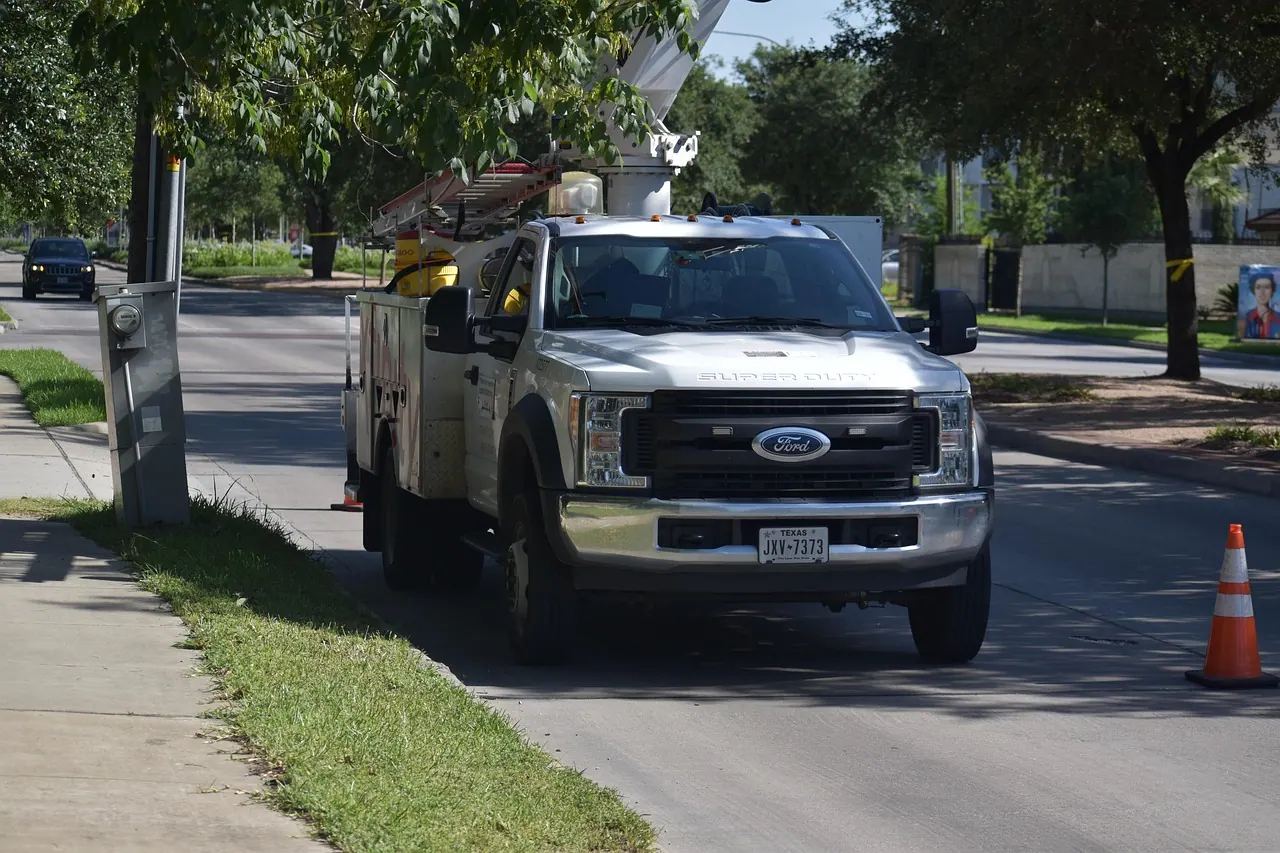 white truck, truck, utility truck, repair, ford, maintenance, working, employment, internet, service, nature, outdoors, street, equipment, trees
