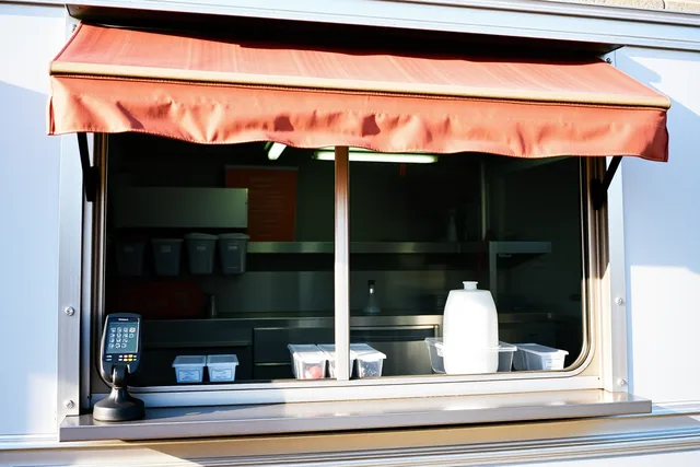 Food truck service window with ticket rail, card reader and counter during a quiet shift. Food truck training: what to cover and when
