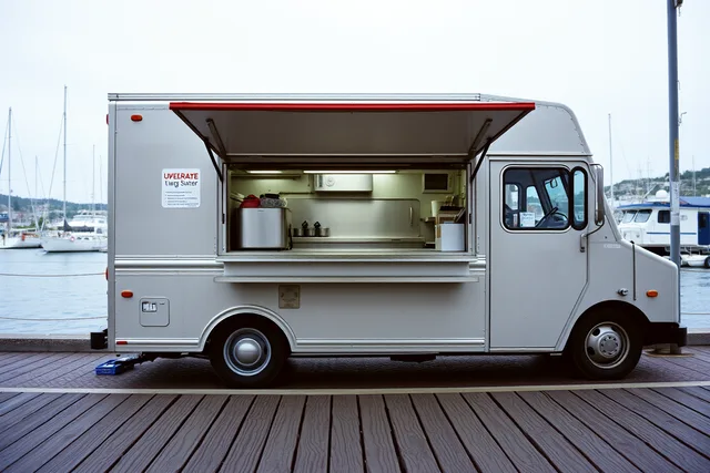 Food truck with open service window parked on a waterfront boardwalk by the harbour. Halifax and St. John's waterfront vending permits compared