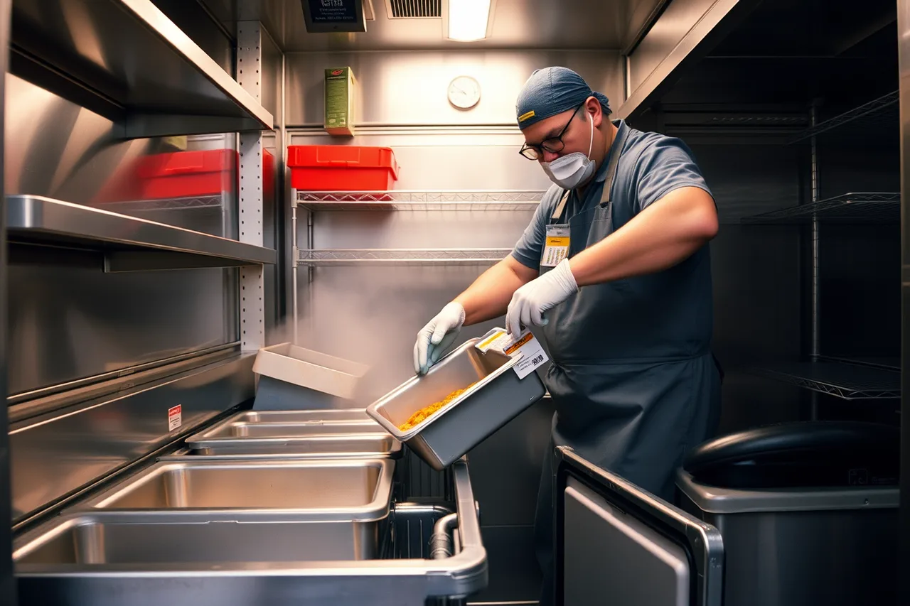 Worker moving a labeled food pan from prep counter into an insulated transport cooler (Getting food truck inventory and sourcing right the first time)