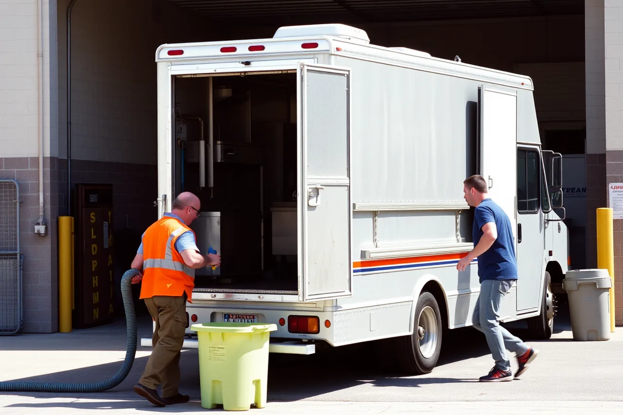 Food truck at support kitchen bay with worker connecting water hose (Staying compliant as a food truck business: licences, permits and inspections)