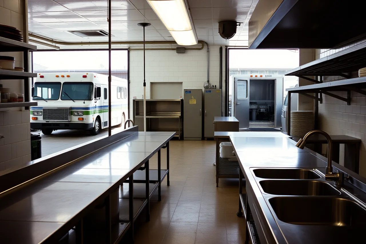Commercial commissary kitchen with stainless steel prep tables and food truck at bay (Starting a food truck business with the market in view in 2027)