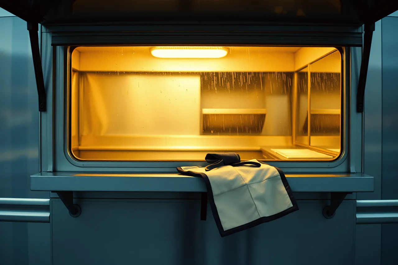 Food truck operator at service window handing food to customer in rain (Starting a food truck business with the market in view in 2027)