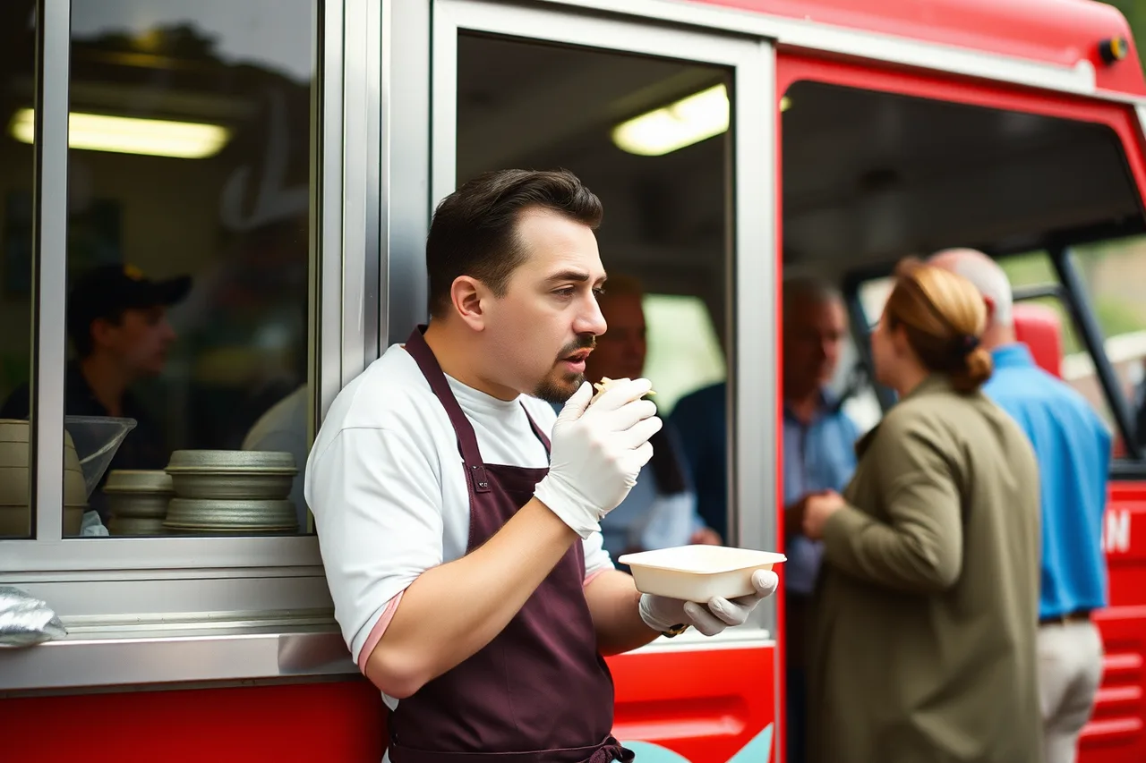 Worker eating from a takeout container one-handed beside a food truck (How to test food truck packaging with a walk test before customers ever see it)