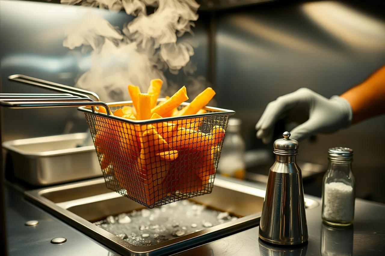 Cook scooping hot french fries from a fryer basket at a food truck window (8 things to weigh up on profitable food truck products)
